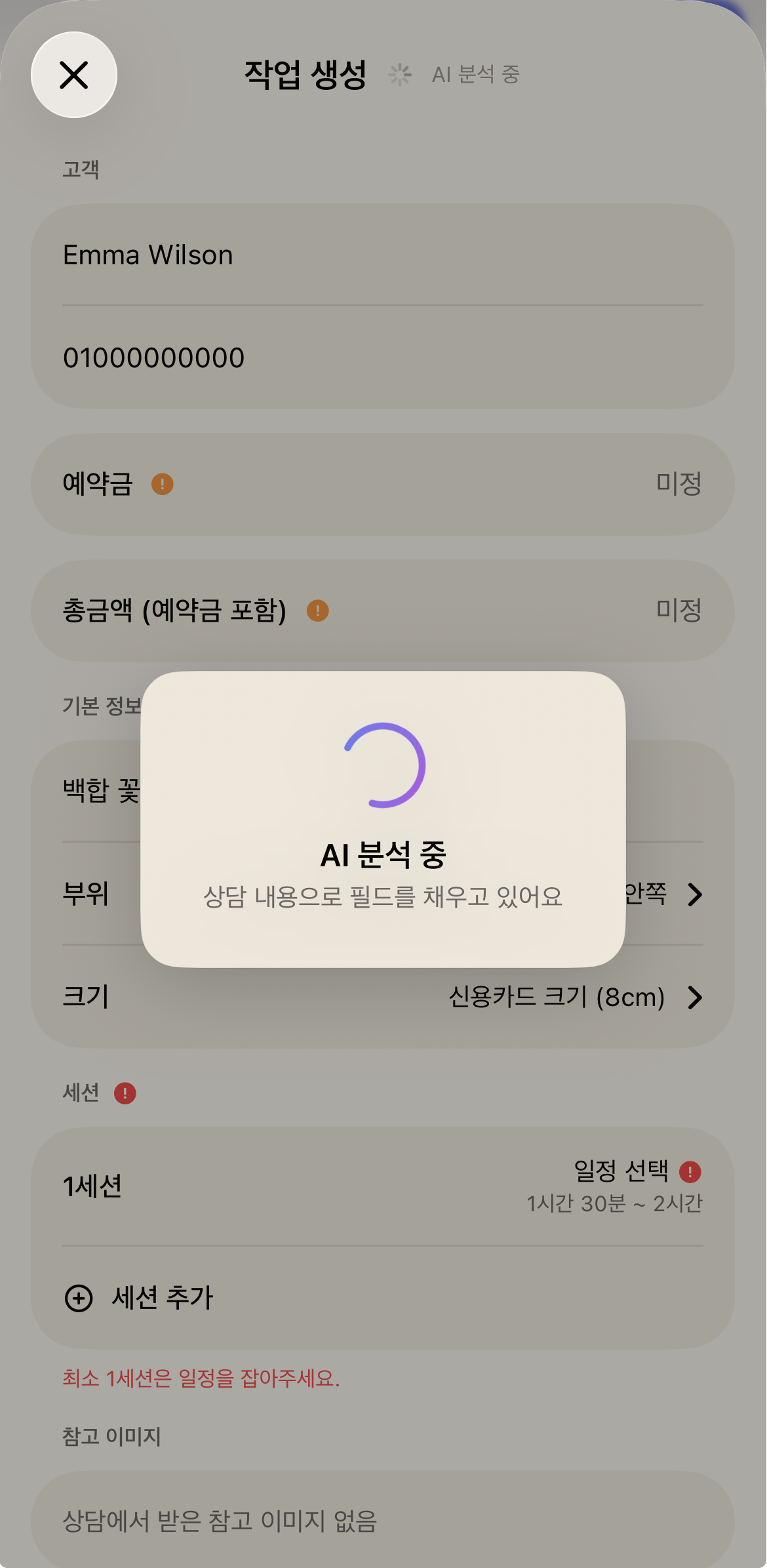 상담 대화에서 정리된 부위·크기·일정 결정사항